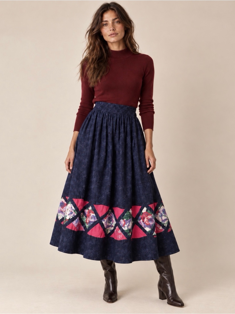 Vintage Vicki Lynn Bardon Suttles & Seawinds Navy Floral Patchwork Midi Skirt M